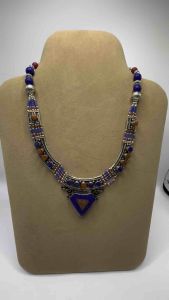 Vintage Tibetan Natural Lapis Lazuli And Coral Stone Lovely Rare Brass Necklace