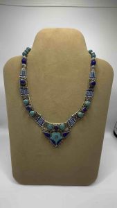 Vintage Tibetan Natural Lapis Lazuli And Turquoise Stone Lovely Rare Brass Necklace