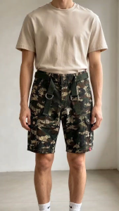 Camo cargo shorts with belt and multiple pockets. Casual outdoor wear.