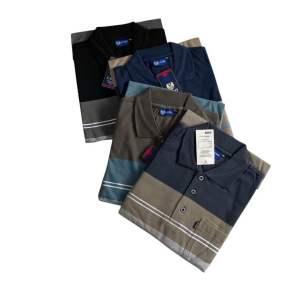Baju Kaos Kerah Pria Motif Garis Lengan Pendek XXL Saku Dewasa Formal Santai