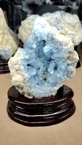 Natural High Grade Madagascar Celestite Crystal Ornament C32 on wooden stand light blue crystals decorative collectible.