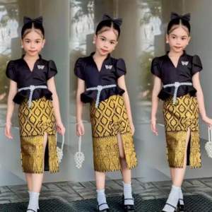 ชุดไทยประยุกต์เด็กหญิงสีดำ เสื้อดำ กระโปรงทอง ชุดไว้อาลัยเด็กสีดำ