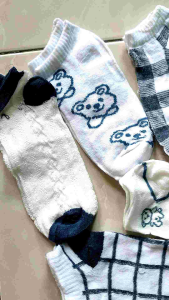 Isi 5 Pasang Kaos Kaki BEAR BLUE KOTAK Kaos Kaki Pendek Wanita & Anak - anak Korean Style