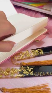 SASSCEE Pink Flakes Personalized Bookmark with Golden Brown Tassel - Handmade Resin Material