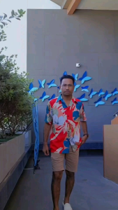 View Vi Shop ลายใบบัวแดง เสื้อเชิ้ตแขนสั้น เชิ้ตฮาวาย เสื้อสงกรานต์ เสื้อเชิ้ตแขนสั้น