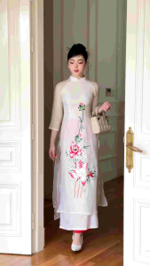 Áo dài tơ oganza đẹp thiết kế in 3d đính hoa nổi bất sang chảnh  hàng thiết kế giá sỉ