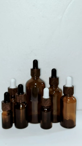 Glossy Amber Glass Bottles with Darkwood Print Dropper