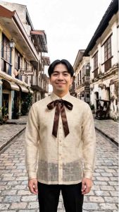 【 PREMIUM 】Modern Barong Tagalog Linyada Lace Long Sleeves with Inner Lining and Bowtie