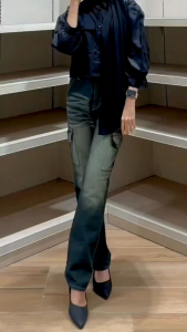 Celana Wanita Jeans Wisker Cargo Highwaist