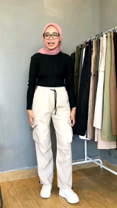 Celana Cargo Pants Serut Kulot Highwais Wanita Terbaru Kekinian Casual Kain Katun Panjang