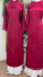 ÁO DÀI NỮ VOAN TƠ 4 TÀ HOẠ TIẾT HOA HỒNG FROM TRUYỀN THỐNG PHỐI NÚT HÒ MẶC CƯỚI HỎI DẠM NGỎ ĐI TIỆC