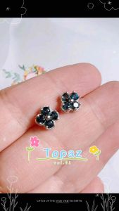 Subang Kristal Natural Crystal Topaz Four Leaf Clover Earrings 925 Silver Pin 天然水晶伦敦蓝托帕石四叶草耳钉925纯银耳针