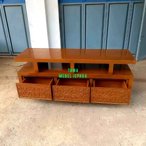 Bufet Meja TV Jati Jepara Model Laci Diukir Rak TV Jati Produksi Mebel Jepara