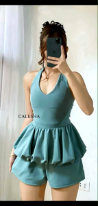 CALESHA| Adora Halter Backless Peplum Terno Set for Women – Sleeveless Tie-Neck Bubble Shorts Outfit | Casual Summer Chic Outfit Elegant Peplum Style | Soft Stretchy Fabric | Korean Fashion Outfit | Perfect for Beach Date or OOTD Womenswear Flowy