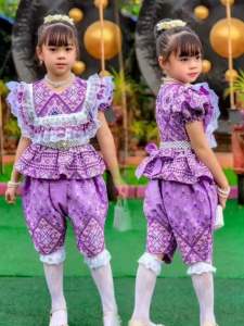 ชุดไทยเด็กหญิงประยุกต์สีม่วง ชุดไทยเด็กประยุกต์สีชมพู เซต 2 ชิ้น