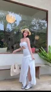 เดรสยาวเกาะอกแหวกข้างใส่แล้วเพียวสวยดูดีมากซีสสายบีชทะเล ห้ามพลาดนะค่ะ