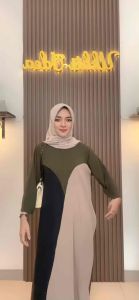Alissa Dress Gamis Wanita Kombinasi Bahan Crinkle Premium Resleting Depan Busui