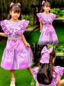 ชุดไทยประยุกต์ ชุดไทยเด็ก ชุดไทยใส่ไปโรงเรียน แถมโบว์ผูกผมเข้าเซ็ต