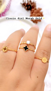 RinaXp- Set Cincin Titanium dapat 4pcs Cincin Clover Bunga Hitam Permata Zircon Titanium Anti Karat