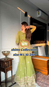[PRE-ORDER] 2025 NOV DESIGNER LIGHT GREEN SHARARA SUIT PAKISTANI STYLE GEORGETTE EMBROIDERY SEQUINS WORK SIZE M to 2xl ( DELIVERY 10 WORKING DAYS) ETA : 2026-01-30