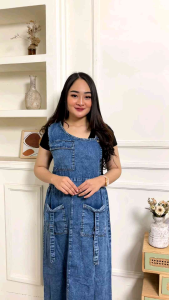 Selin Overall Cargo Jumpsuit Wanita Dewasa Bahan Lepis Panjang Denim