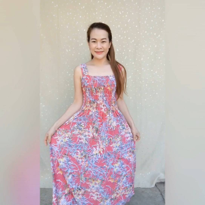 เดรสสม๊อคฟรี ผ้ายืดเกาหลี เครื่องดื่มเย็นติด แอซิดไลฟ์ ผ้ายืด เย็นติด