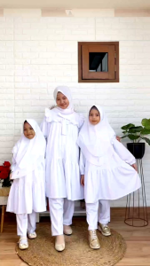 Setelan Baju Putih Anak Perempuan Cutetrik 5-15th Set Long Tunik Putih Polos Anak Cewek