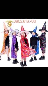 Set Áo Choàng và nón phù thuỷ hoa văn 7 màu loại đẹp trang phục hoá trang cho trẻ em và người lớn lễ hội Halloween