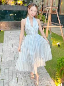 เดรสยาวผูกคอโชว์หลัง: เดรสยาว สฟ้าพาสเทล เดรสยาว เดรสเที่ยวทะเล เดรสออกงาน สไตล์เกาหลี