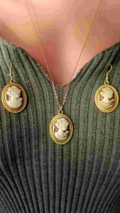 Victorian Beige Cameo Lady Brown Statement Necklace and Earrings Jewelry Set
