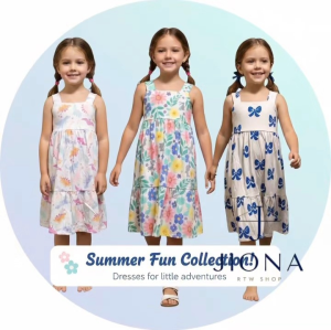 Jiona Summer Fun Collection Dresses for Little Adventures: Floral and Butterfly Print Dresses with Tiered Skirts.