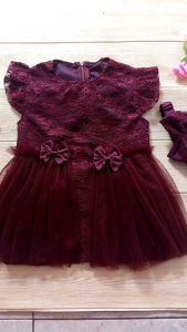 Dress Gaun Pesta Kondangan Anak Bayi 1 Tahun Newborn Brukat Tile Burgundy Free Bando Jahitan Tailor