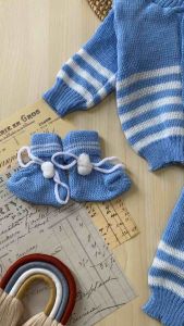 Setelan Jaket Rajut Bayi 0-6 Bulan Set Rajut Free Kupluk dan Sarung Kaki