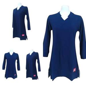 Uncle West Kaos Tunik Wanita Polos Warna Navy Kerah V Neck Lengan Panjang Bahan Katun Lacos Premium