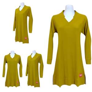 Uncle West Kaos Tunik Wanita Polos Warna Mustard Kerah V Neck Lengan Panjang Bahan Katun Lacos Premium