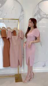 M239 เดรสสั้นผ้ามอสเครปพรีเมียม มีสายแต่งโบว์ไหล่ - ผ่าหน้า ชุดสั้น 39