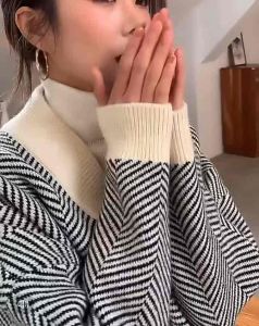 Elegant Korean Style Fishbone Stripe Loose Cardigan V-Neck Women Cardigan Knitwear Fashion Knitted Cardigan LongCardigan