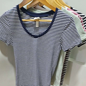 H M Basic V-Neck Stripes Body Hug Long T-Shirt