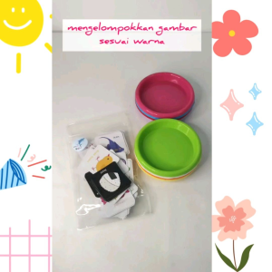 Mengelompokkan gambar beraneka warna ke dalam mangkok / Menyortir gambar sesuai warna / Belajar mengenal warna ala Montessori