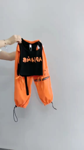 12-32kg_ Sét bộ quần BOOM màu CAM áo ba lỗ trắng đen cho bé gái hiphop