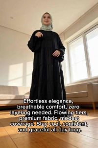 Auravella Long Dress Black Taupe Blue Loose Layered Design Elastic Sleeves Modest Coverage