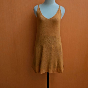 mini midi dress wanita kuning mustard rajut M L cewek kutung vneck santai cute