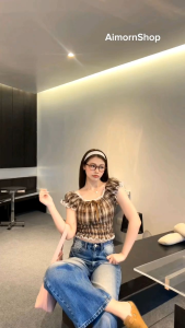 AimornShopp เสื้อครอปแขนตุ๊กตา ลายสก๊อต แต่งเชือกผูกโบว์ ดีเทลทรงสวยมาก