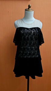 atasan wanita lace hitam CHIC SIMPLE cewek S M lengan sabrina MEWAH cute blouse