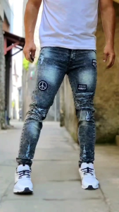 Celana Jeans Sobek Pria Panjang Emblem Stretch Melar Denim Tebal Slimfit Skinny Size 28-34