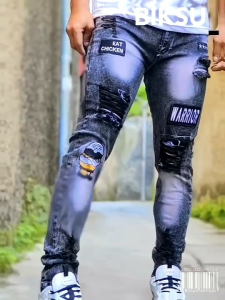 Celana Jeans Sobek Pria Panjang Emblem Stretch Melar Denim Tebal Slimfit Skinny Size 28-33