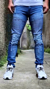 Celana Jeans Sobek Pria Panjang Bikers Garis Stretch Melar Denim Tebal Slimfit Skinny Size 28-33