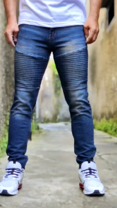 Celana Jeans Panjang Pria Bikers Garis Stretch Denim Melar Tebal Slimfit Skinny Size 28-33
