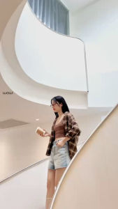 966#wowกางเกงยีนส์ขาสั้นสีฟอกผ้าไม่ยึดเอวสูง