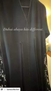 Deep Black Abaya in Flowing Premium Fabric with Guipure Lace Panels & Bead Trimming for Refined Elegance